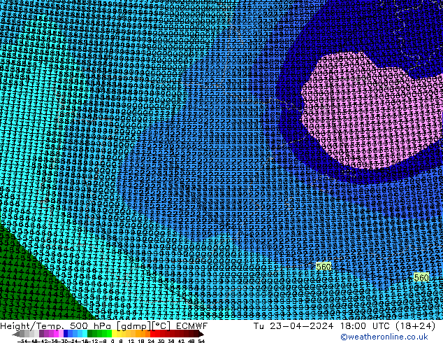 Height/Temp. 500 hPa ECMWF wto. 23.04.2024 18 UTC