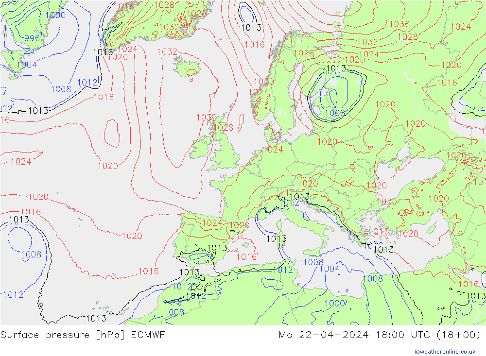 Surface pressure ECMWF Mo 22.04.2024 18 UTC