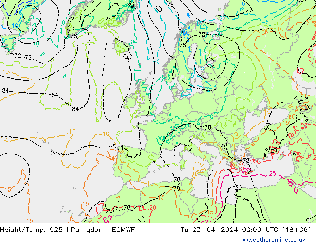 Height/Temp. 925 hPa ECMWF mar 23.04.2024 00 UTC