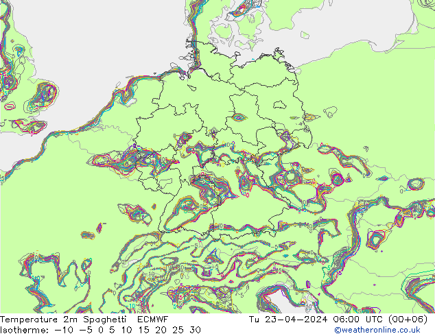 Temperature 2m Spaghetti ECMWF Tu 23.04.2024 06 UTC