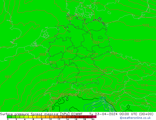 Bodendruck Spread ECMWF Di 23.04.2024 00 UTC