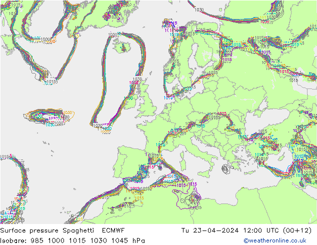 Surface pressure Spaghetti ECMWF Tu 23.04.2024 12 UTC