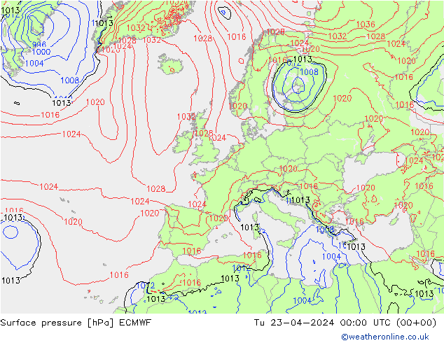 Bodendruck ECMWF Di 23.04.2024 00 UTC