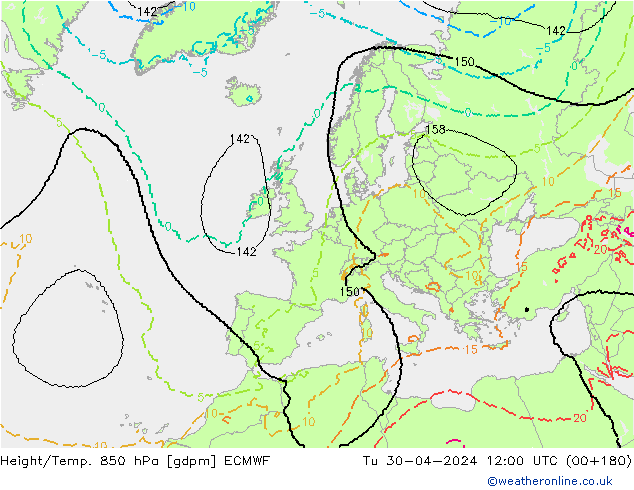 Height/Temp. 850 hPa ECMWF Di 30.04.2024 12 UTC