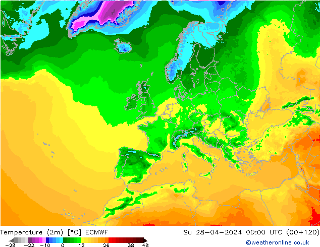 Temperaturkarte (2m) ECMWF So 28.04.2024 00 UTC