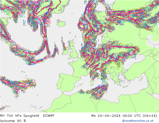 RH 700 hPa Spaghetti ECMWF Mi 24.04.2024 06 UTC