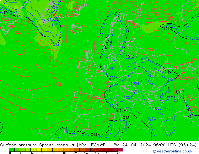 Atmosférický tlak Spread ECMWF St 24.04.2024 06 UTC