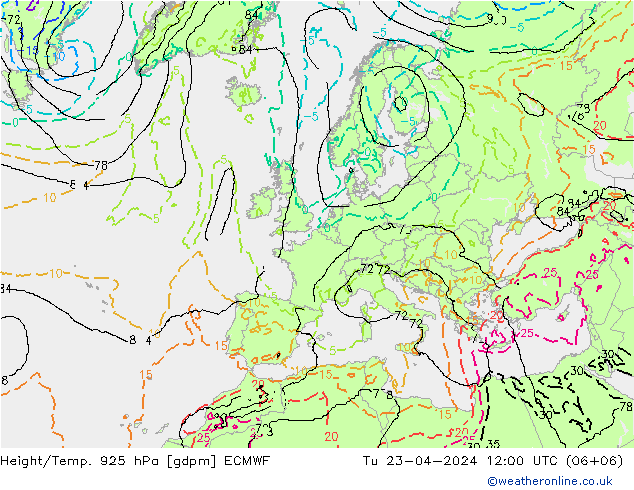 Height/Temp. 925 hPa ECMWF mar 23.04.2024 12 UTC