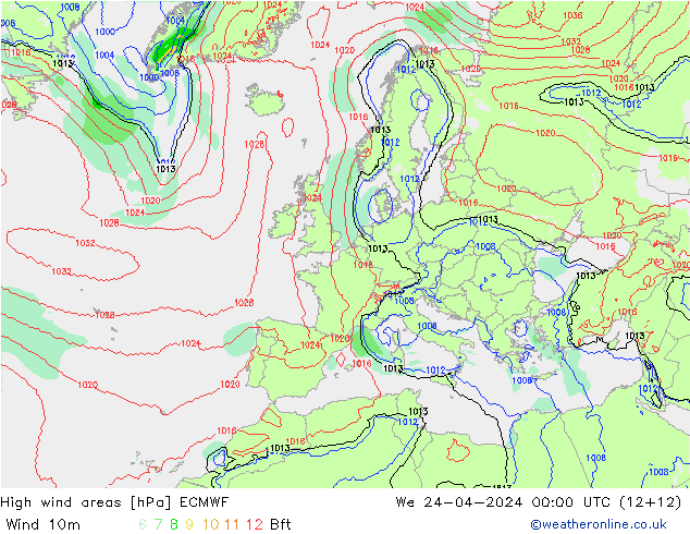 High wind areas ECMWF We 24.04.2024 00 UTC