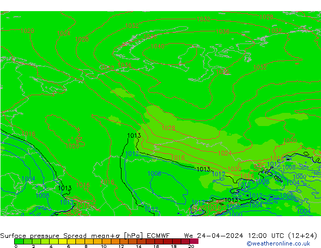 Surface pressure Spread ECMWF We 24.04.2024 12 UTC