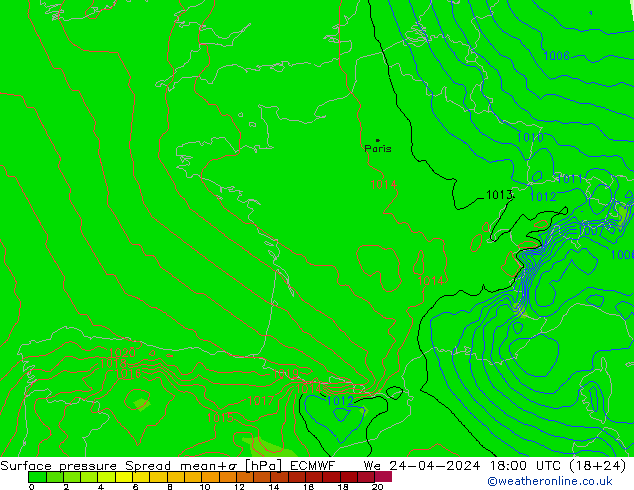 Surface pressure Spread ECMWF We 24.04.2024 18 UTC