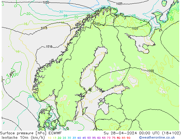 Isotachs (kph) ECMWF Su 28.04.2024 00 UTC