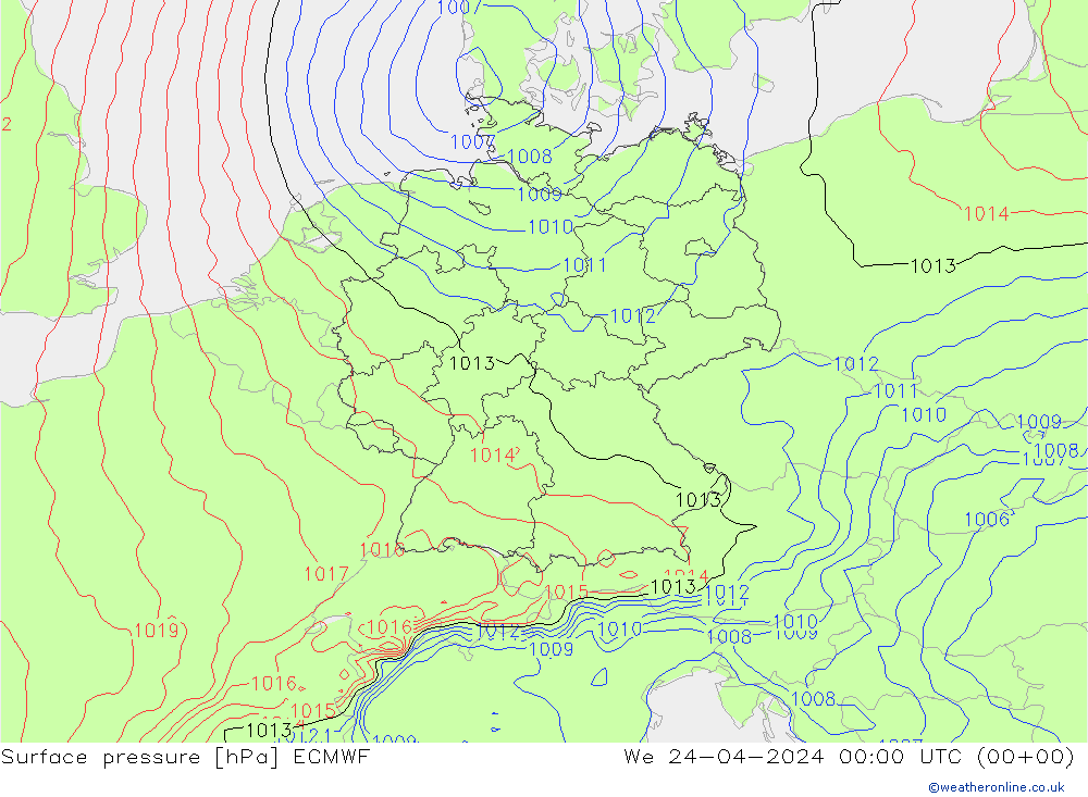 Luchtdruk (Grond) ECMWF wo 24.04.2024 00 UTC