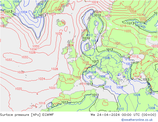 pressão do solo ECMWF Qua 24.04.2024 00 UTC