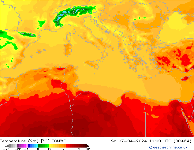 Temperature (2m) ECMWF Sa 27.04.2024 12 UTC