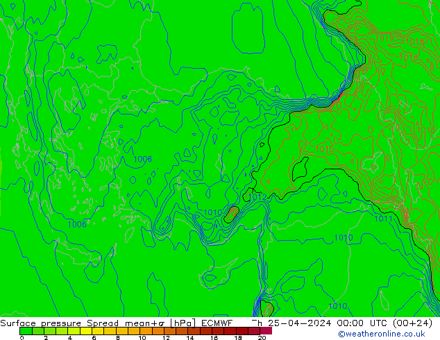 Surface pressure Spread ECMWF Th 25.04.2024 00 UTC