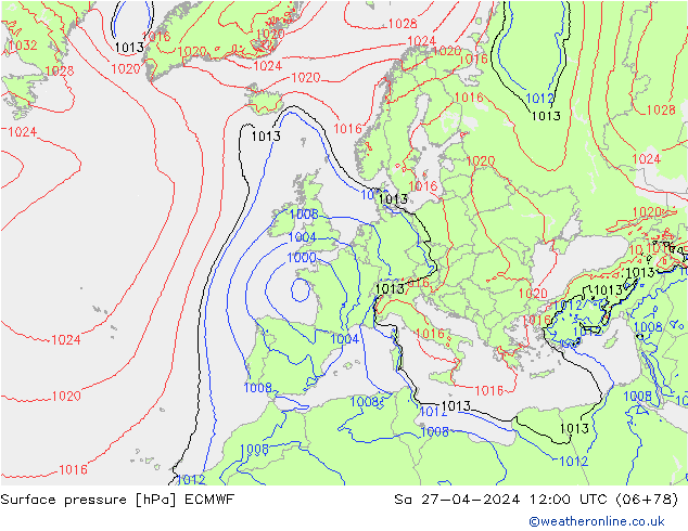 Bodendruck ECMWF Sa 27.04.2024 12 UTC