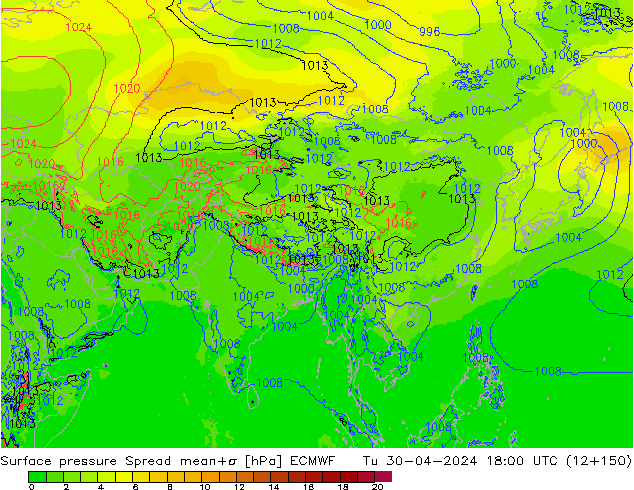 Surface pressure Spread ECMWF Tu 30.04.2024 18 UTC