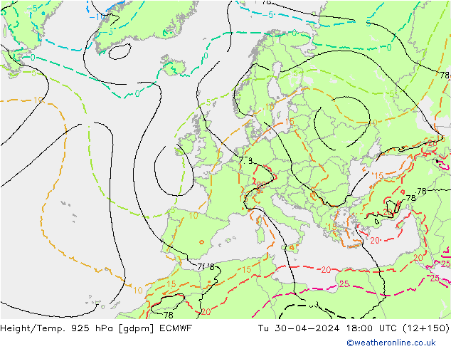 Height/Temp. 925 hPa ECMWF Tu 30.04.2024 18 UTC