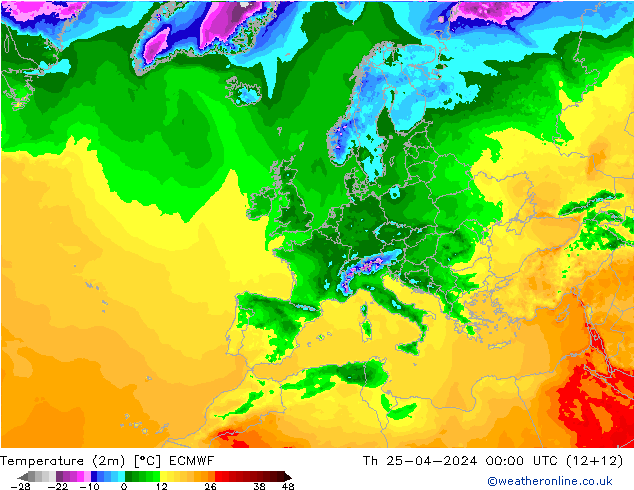 Temperaturkarte (2m) ECMWF Do 25.04.2024 00 UTC