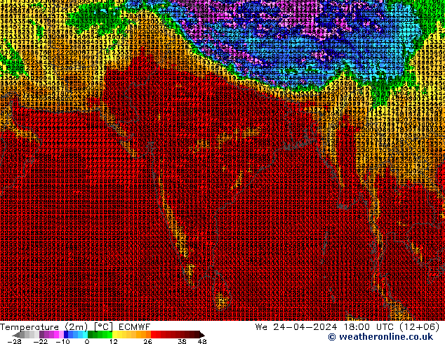 mapa temperatury (2m) ECMWF śro. 24.04.2024 18 UTC