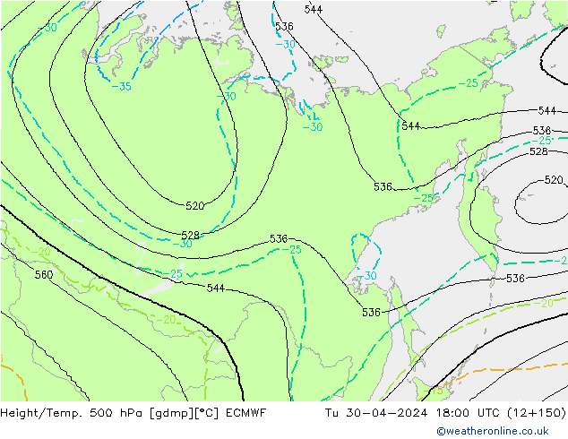 Height/Temp. 500 hPa ECMWF Tu 30.04.2024 18 UTC