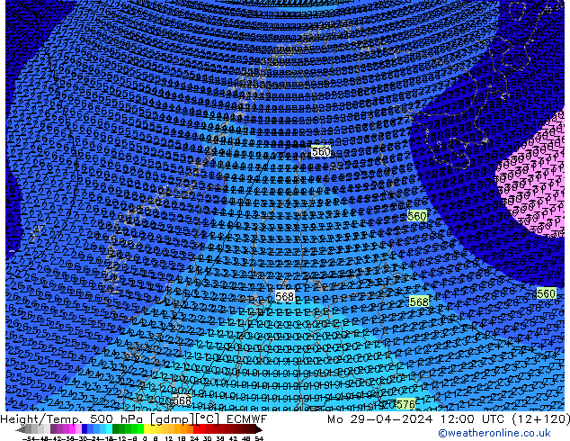Hoogte/Temp. 500 hPa ECMWF ma 29.04.2024 12 UTC