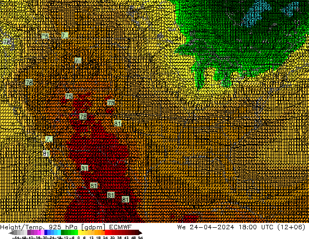 Height/Temp. 925 hPa ECMWF We 24.04.2024 18 UTC