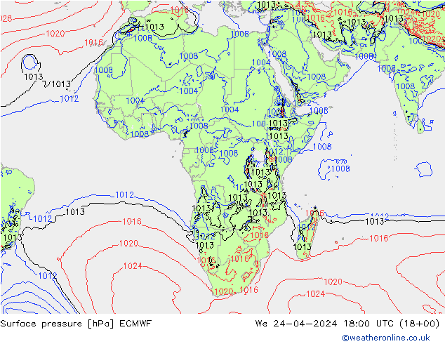 Presión superficial ECMWF mié 24.04.2024 18 UTC