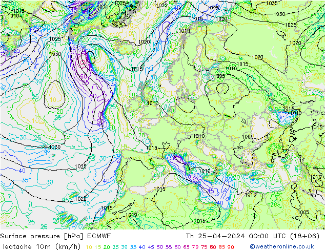 Isotachen (km/h) ECMWF Do 25.04.2024 00 UTC