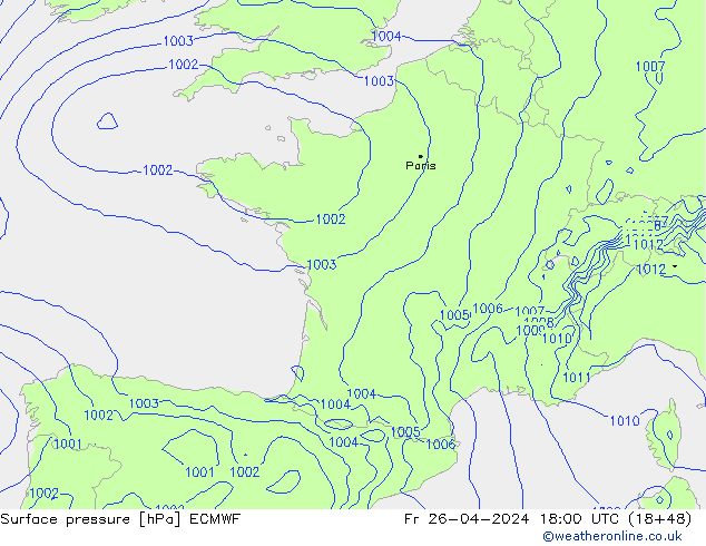 Presión superficial ECMWF vie 26.04.2024 18 UTC