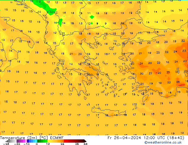 Temperature (2m) ECMWF Fr 26.04.2024 12 UTC