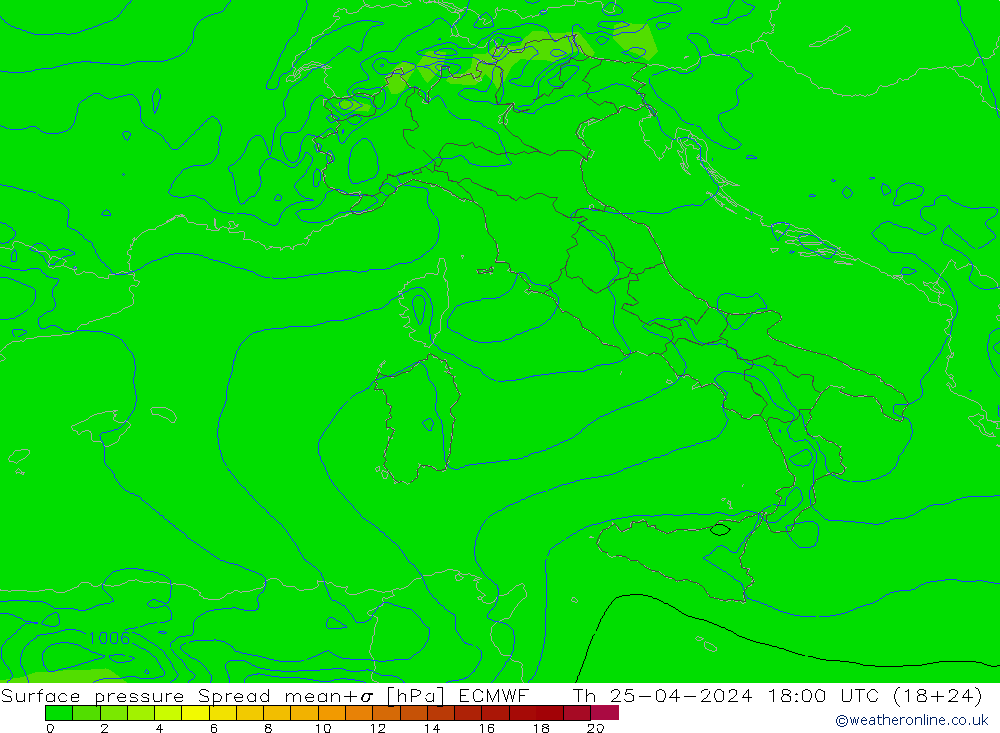 Surface pressure Spread ECMWF Th 25.04.2024 18 UTC