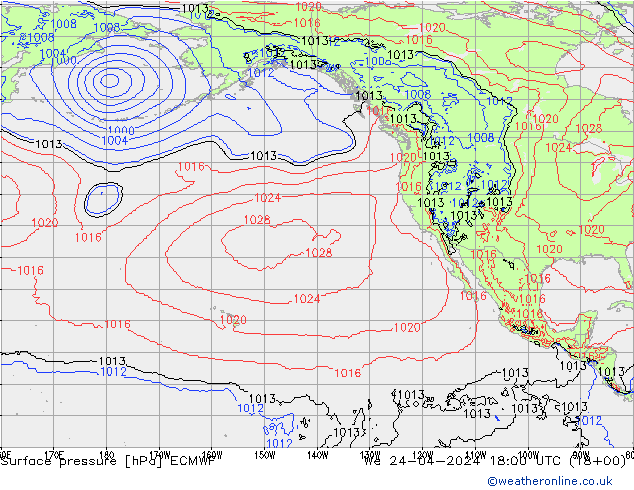 Surface pressure ECMWF We 24.04.2024 18 UTC