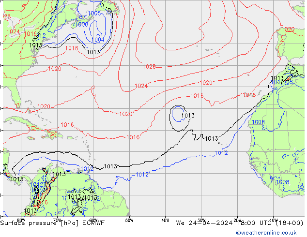 pressão do solo ECMWF Qua 24.04.2024 18 UTC