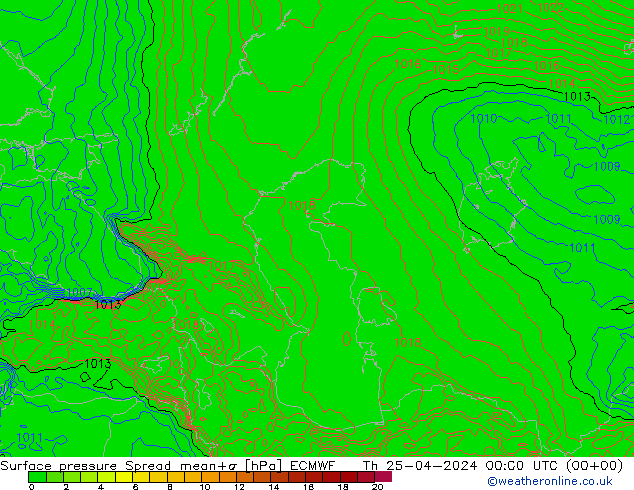 Surface pressure Spread ECMWF Th 25.04.2024 00 UTC