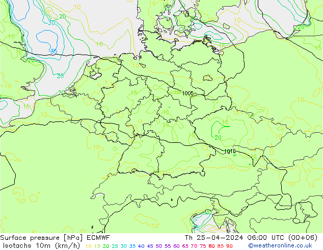 Isotachs (kph) ECMWF gio 25.04.2024 06 UTC
