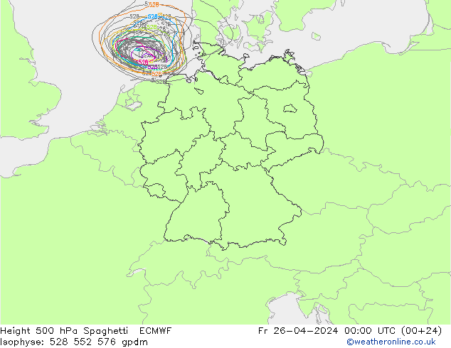 Height 500 hPa Spaghetti ECMWF Fr 26.04.2024 00 UTC
