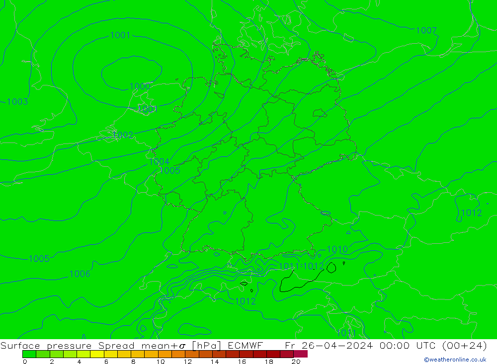 Pressione al suolo Spread ECMWF ven 26.04.2024 00 UTC