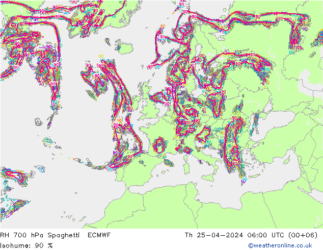 RH 700 hPa Spaghetti ECMWF Th 25.04.2024 06 UTC