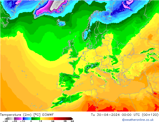 Temperaturkarte (2m) ECMWF Di 30.04.2024 00 UTC