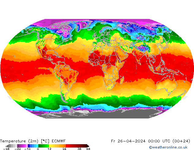 mapa temperatury (2m) ECMWF pt. 26.04.2024 00 UTC