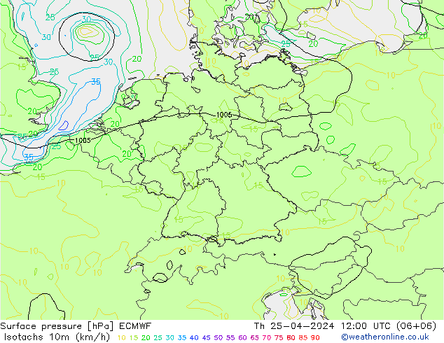 Isotachen (km/h) ECMWF Do 25.04.2024 12 UTC