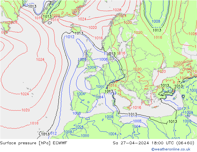 Surface pressure ECMWF Sa 27.04.2024 18 UTC