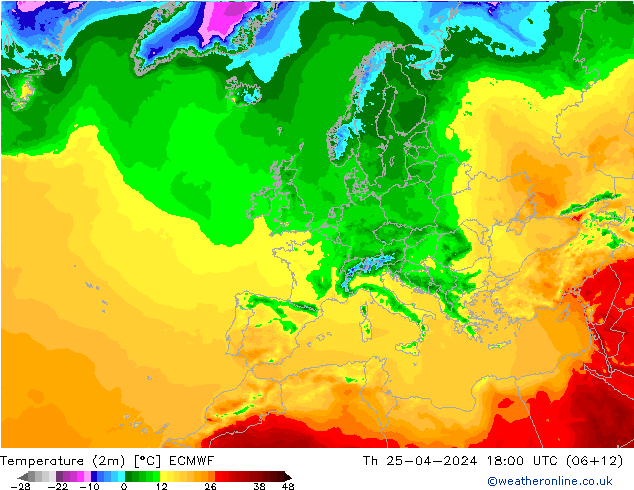 Temperaturkarte (2m) ECMWF Do 25.04.2024 18 UTC