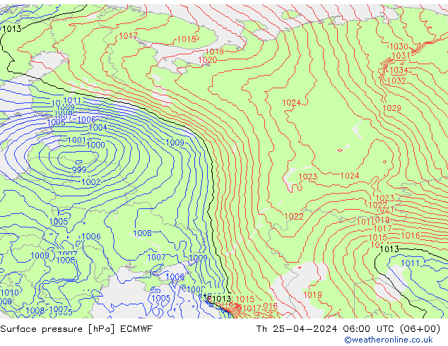 Presión superficial ECMWF jue 25.04.2024 06 UTC