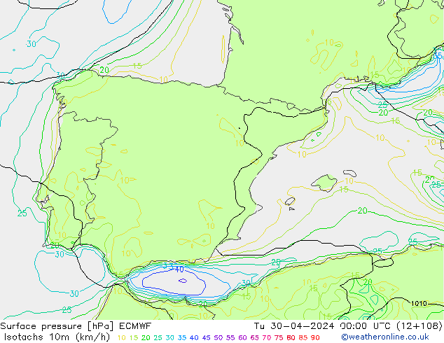 Isotachs (kph) ECMWF Tu 30.04.2024 00 UTC