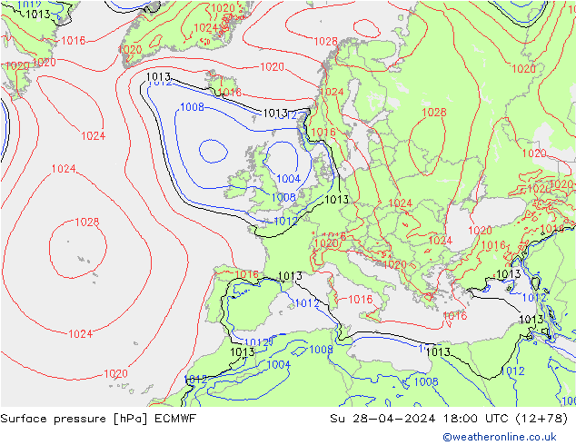 Pressione al suolo ECMWF dom 28.04.2024 18 UTC