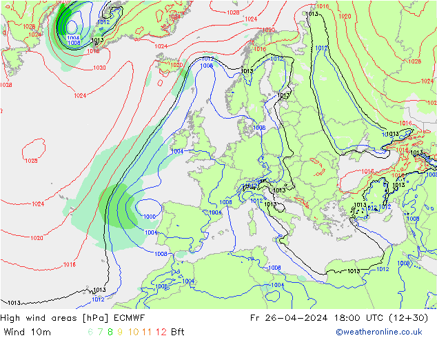 High wind areas ECMWF  26.04.2024 18 UTC