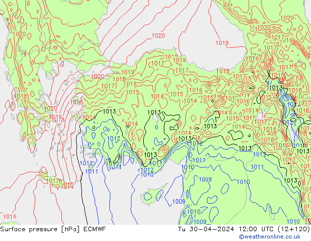 Presión superficial ECMWF mar 30.04.2024 12 UTC